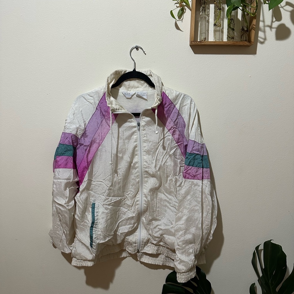 Vintage White Windbreaker with Purple and Green Accents